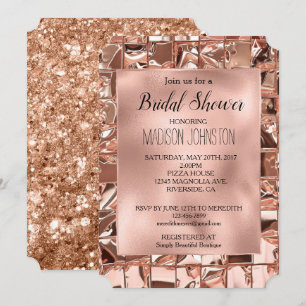 Invitación Baño de novia brillo glam rosa oro cuadrados