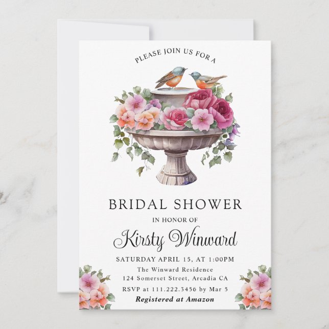 Invitación Baño de pájaros de boda con flores de acuarela en  (Anverso)