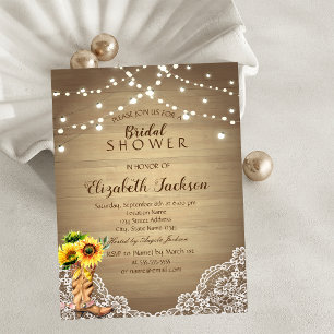 Invitación Baño Nupcial Rústico, Encaje, Botas Girasol Madera