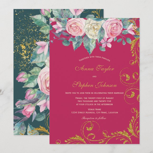 Invitación Baños botánicos del Purpurina Bouquet Magenta Faux (Anverso / Reverso)