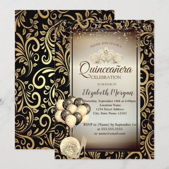 Invitación Baños de oro, globos, talones altos, Tiara Quincea (Anverso / Reverso)