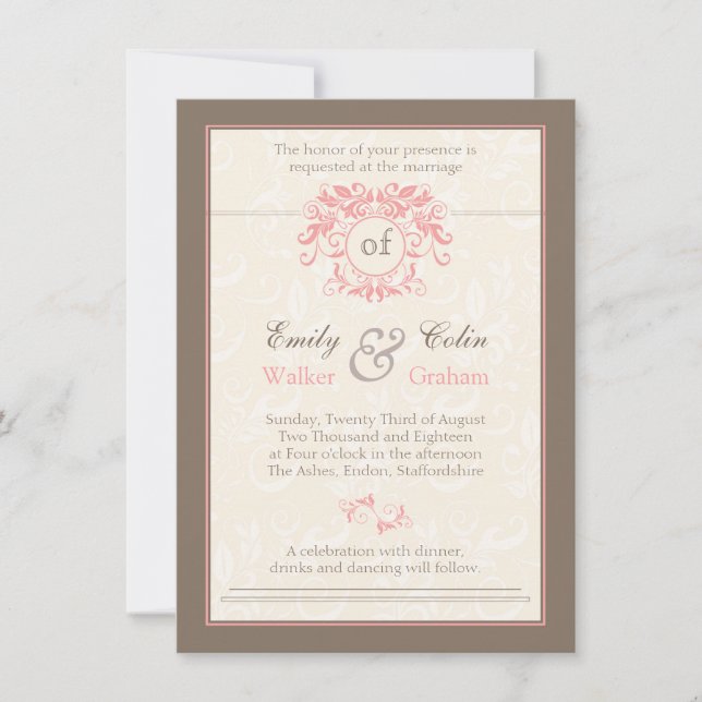 Invitación Baños rosas en damasco color crema pálido Boda (Anverso)