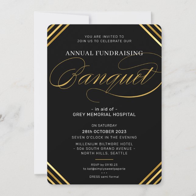 Invitación BANQUET elegante evento moderno oro blanco negro (Anverso)