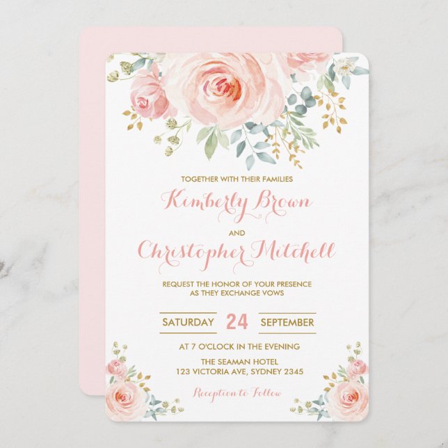 Invitación Banquete de boda floral rosado de Rubor de la (Anverso / Reverso)