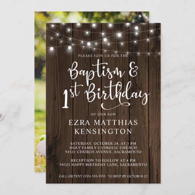 Invitación Baptism 1er cumpleaños Madera de la cadena de la m (Anverso / Reverso)
