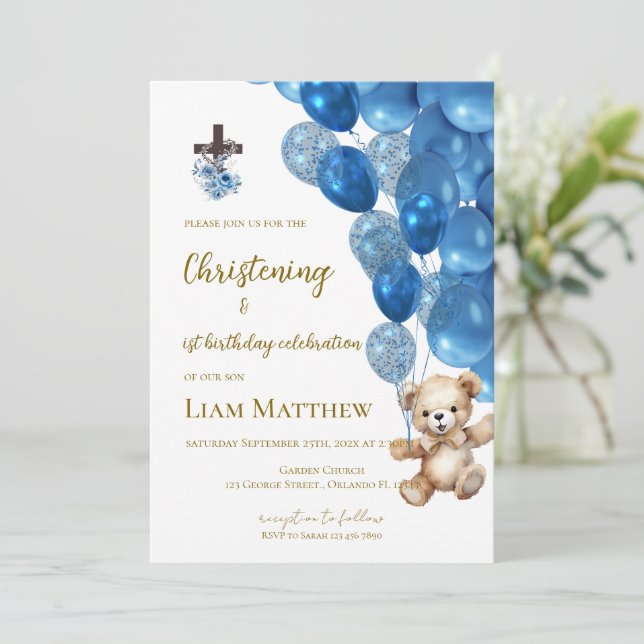 Invitación Baptism and first birthday invitation with balloon (Anverso de pie)