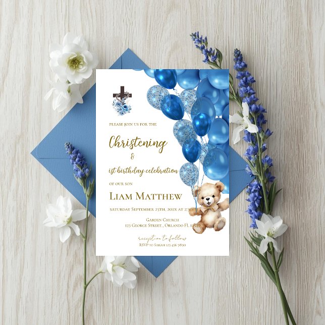 Invitación Baptism and first birthday invitation with balloon (Subido por el creador)