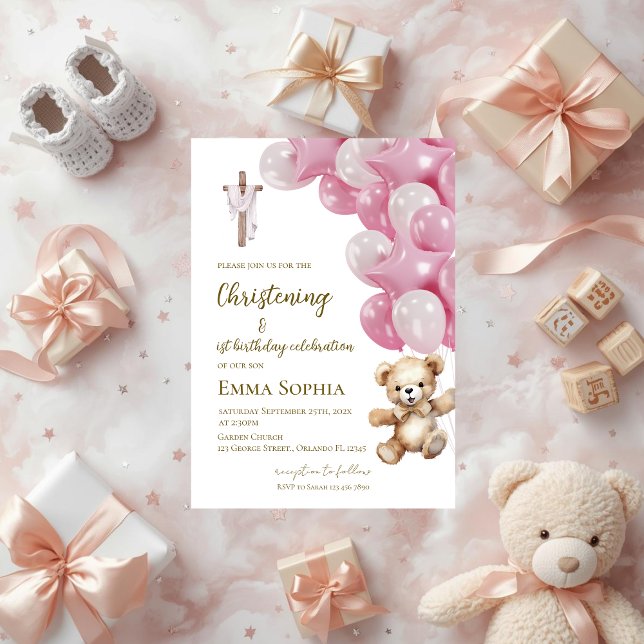 Invitación Baptism and first birthday invitation with balloon (Subido por el creador)