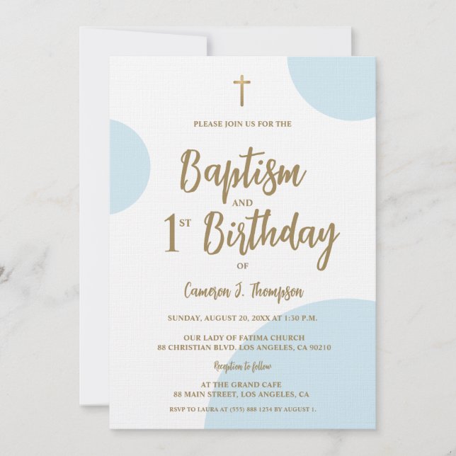 Invitación Baptism and First Birthday with Cross Blue Gold (Anverso)