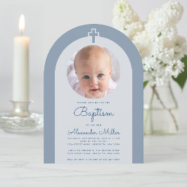 Invitación Baptism Arch Boy Foto Dusty Blue Christening