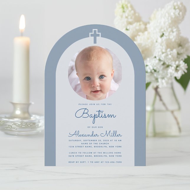 Invitación Baptism Arch Boy Foto Dusty Blue Christening (Subido por el creador)