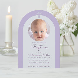 Invitación Baptism Arch Foto Lavender Cruz Púrpura y Script