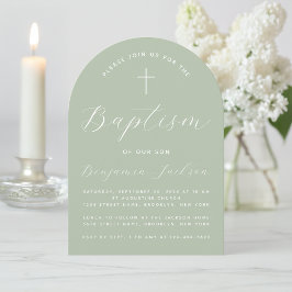 Invitación Baptism Arch Sage Green Modern Handwriter & Cross