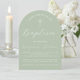 Invitación Baptism Arch Sage Green Modern Handwriter & Cross