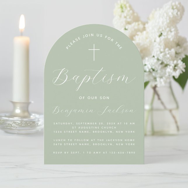 Invitación Baptism Arch Sage Green Modern Handwriter & Cross (Subido por el creador)