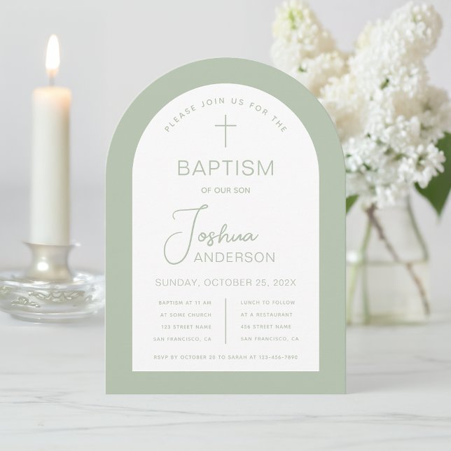 Invitación Baptism Arch Sage Green Modern Script Christening (Subido por el creador)