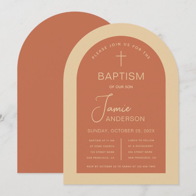 Invitación Baptism Arch Terracotta Cream escritura moderna (Anverso / Reverso)