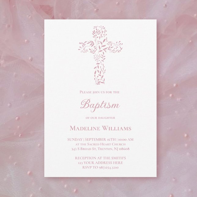 Invitación Baptism baby girl | foliage cross  (Subido por el creador)