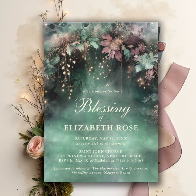 Invitación Baptism Blessing Enchanted Forest Garden Botanical (baptism invitation christening enchanted forest garden botanical greenery emerald gold purple)