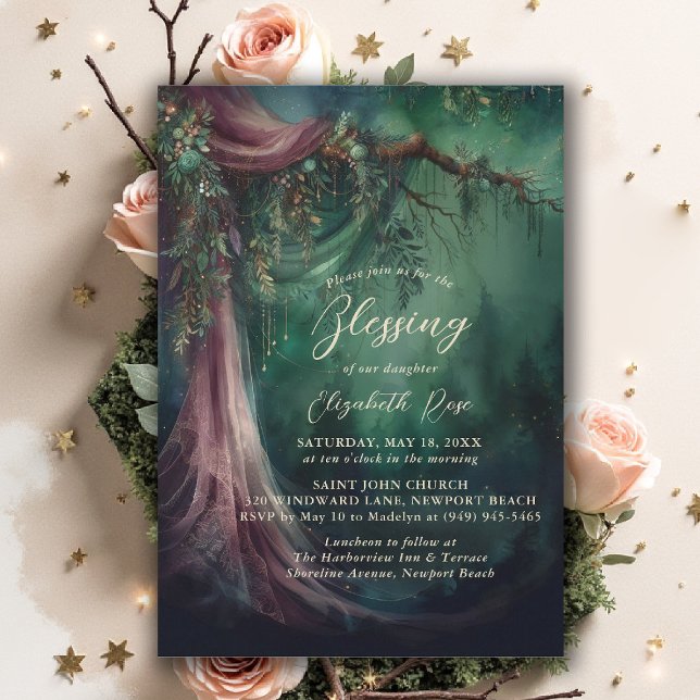 Invitación Baptism Blessing Enchanted Garden Fairytale Draped (baptism invitation christening enchanted forest garden botanical greenery emerald gold floral draped)