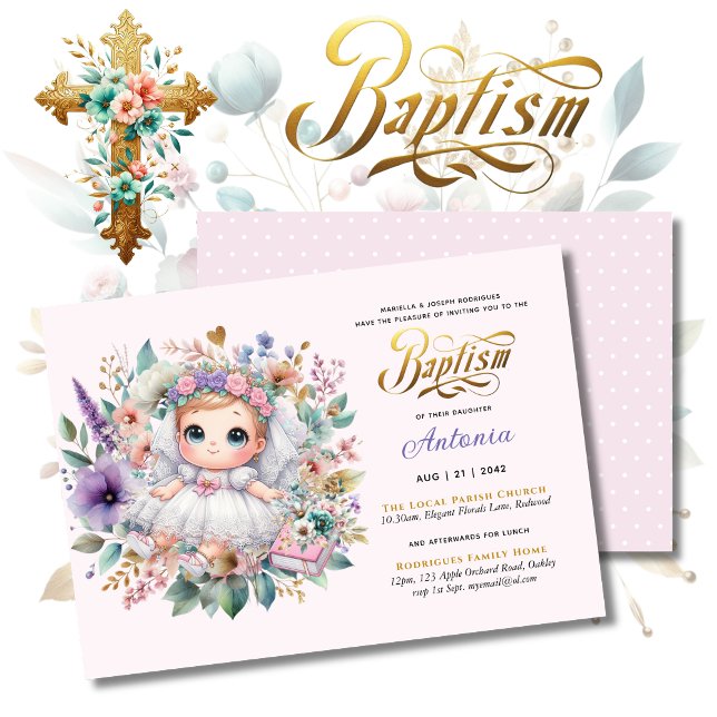 Invitación BAPTISM Blonde Chica Morado Oro Cruz Floral (Subido por el creador)