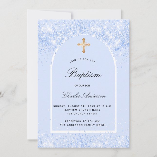 Invitación Baptism blue confetti arch boy (Anverso)