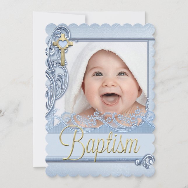 Invitación Baptism Blue Cross Boy Christening Photo (Anverso)