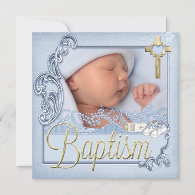 Invitación Baptism Blue Cross Boy Christening Photo (Anverso)