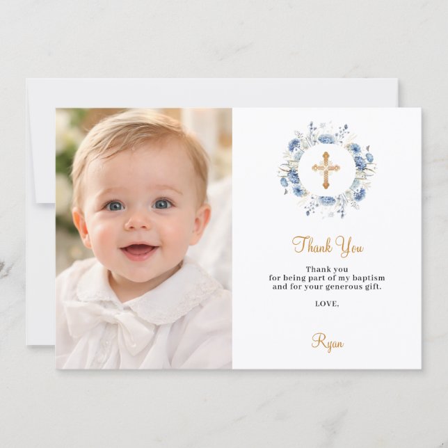 Invitación Baptism blue florals photo thank you card (Anverso)