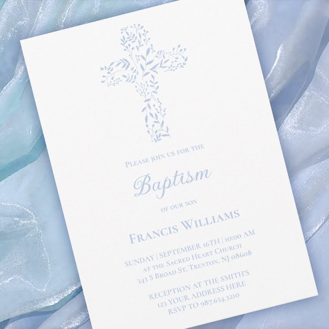 Invitación Baptism blue foliage cross  (Subido por el creador)
