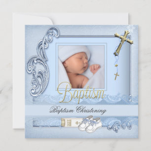Invitación Baptism Blue Gold Cross Boy Christening