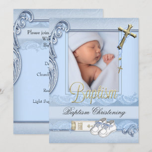 Invitación Baptism Blue Gold Cross Boy Christening 2