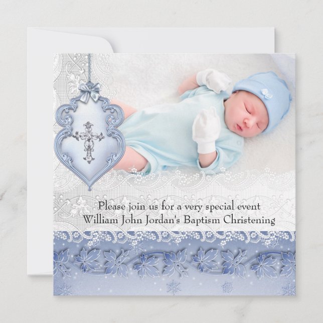 Invitación Baptism Blue White Lace Foto Travesía de joyas (Anverso)