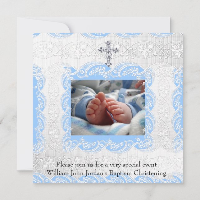Invitación Baptism Blue White Lace Foto Travesía de joyas (Anverso)