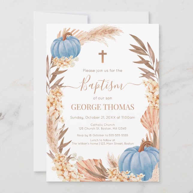 Invitación Baptism Boho Pampas arrangement blue Pumpkin (Anverso)
