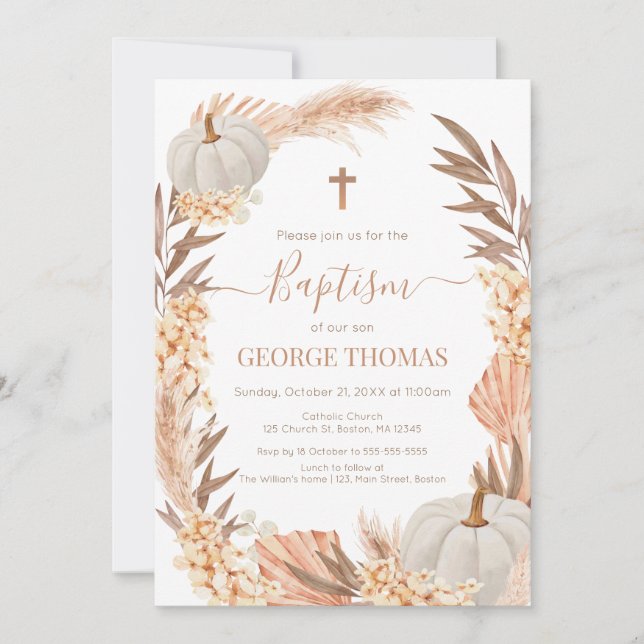 Invitación Baptism Boho Pampas arrangement white Pumpkin (Anverso)