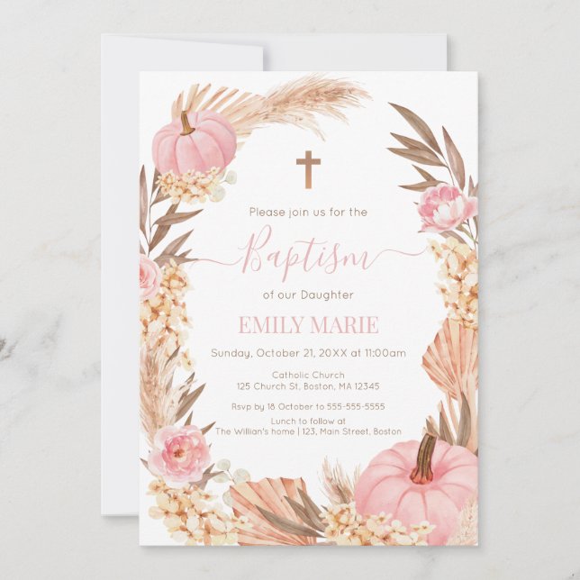 Invitación Baptism Boho Pampas Pink Pumpkin (Anverso)