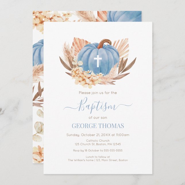 Invitación Baptism Boho Pampas Pumpkin blue (Anverso / Reverso)