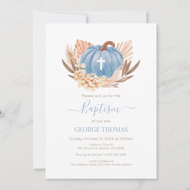 Invitación Baptism Boho Pampas Pumpkin blue (Anverso)