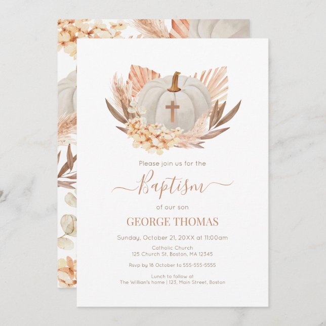 Invitación Baptism Boho Pampas white Pumpkin Invitation  (Anverso / Reverso)
