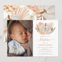 Invitación Baptism Boho white Pumpkin Photo Invita