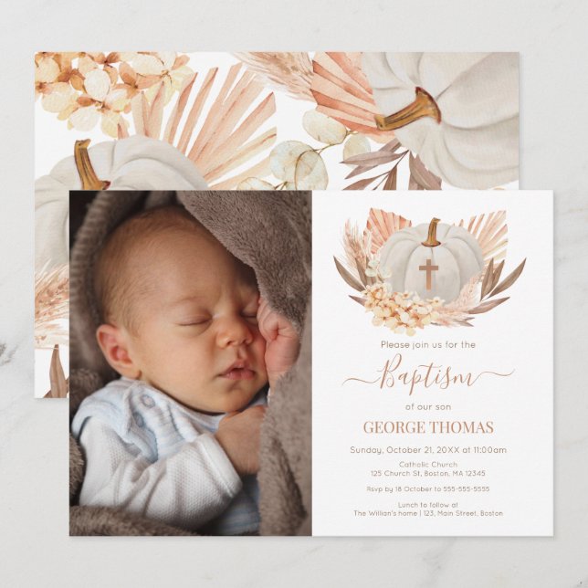 Invitación Baptism Boho white Pumpkin Photo Invitation  (Anverso / Reverso)