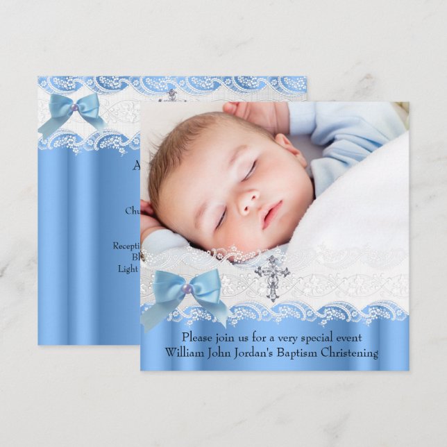 Invitación Baptism Boy Blue White Lace Foto Traje de cruz de  (Anverso / Reverso)