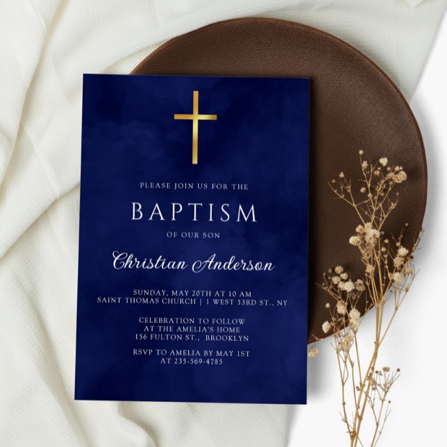 Invitación Baptism Boy Elegante acuarela azul real (Subido por el creador)