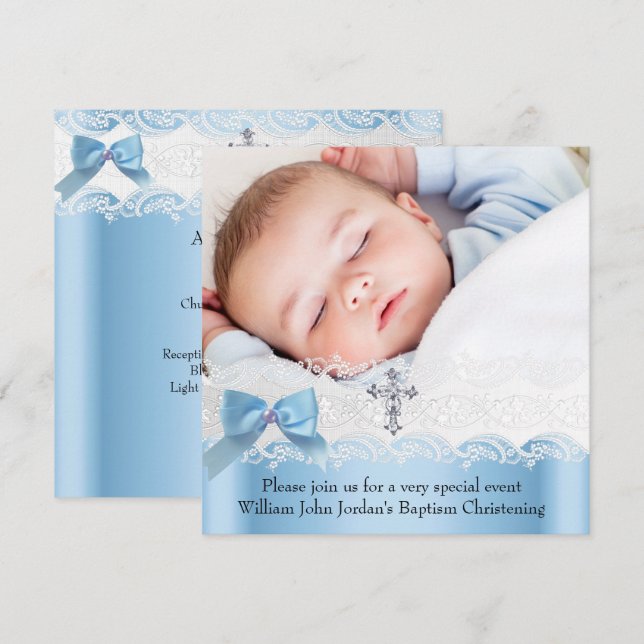 Invitación Baptism Boy Foto Blue Lace White JewCross 2 (Anverso / Reverso)