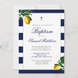 Invitación Baptism Boy Navy Stripes Lemons Silver Religioso