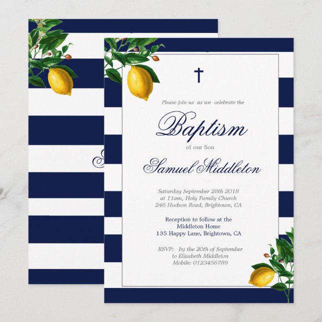 Invitación Baptism Boy Navy Stripes Lemons Silver Religioso (Anverso / Reverso)