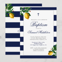 Invitación Baptism Boy Navy Stripes Lemons Silver Religioso