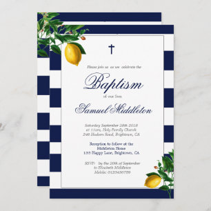 Invitación Baptism Boy Navy Stripes Lemons Silver Religioso