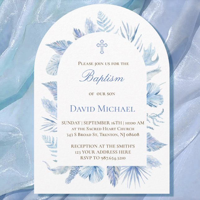 Invitación Baptism boy pastel blue foliage invitation (Subido por el creador)